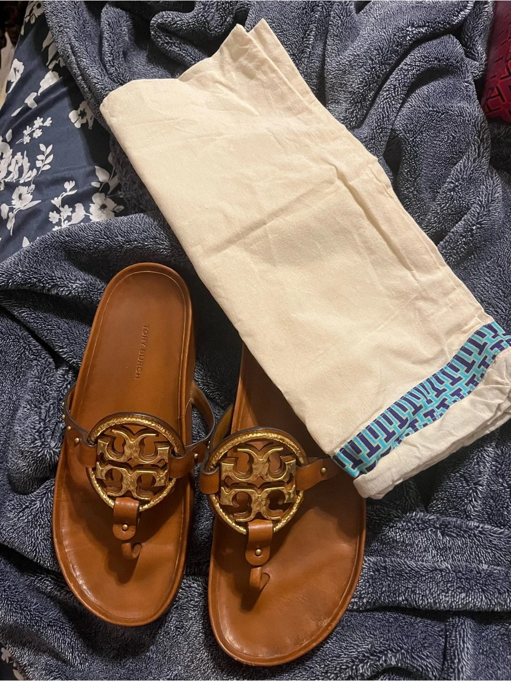 Tory Burch Tan Leather Miller Thong Sandals with Gold Logo